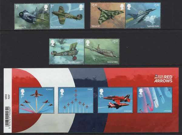GB 2018 RAF Centenary set + M/sheet (Red Arrows) um face £15.34