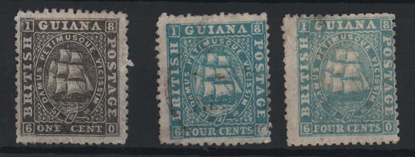 British Guiana 1862 1c black perf 12½, ditto two 4c (shades/papers) fu sg51, etc, min c£64