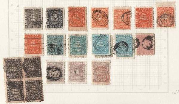 British Guiana 1863 Perf 10 range: 6x 1c black (incl blk of 4), 6x 2c orange, 6x4c, 8c, 3x 12c, mainly fu, range of shades sg85-100 c£270+