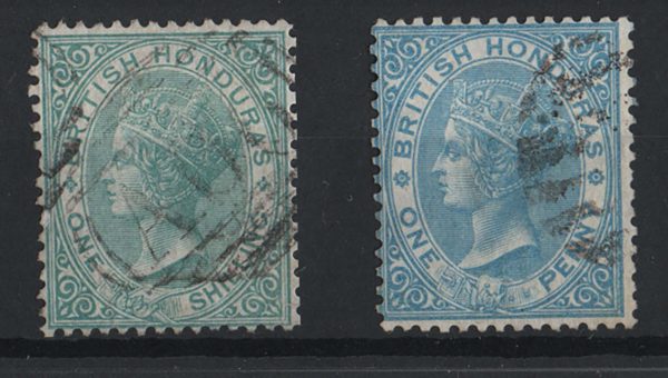 British Honduras 1865 1d pale blue and 1d blue no wmk fu sg1-2 c£140