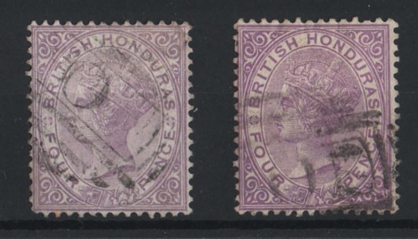 British Honduras 1872 4d mauve perf 14 wmk 'double lined O' fu, another with sheet corner lines wmk, sg14