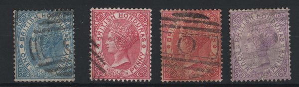British Honduras 1882 Wmk CA perf 14 1d blue, 1d rose, 1d carmine, 4d mauve g-fu sg17-20 c£96