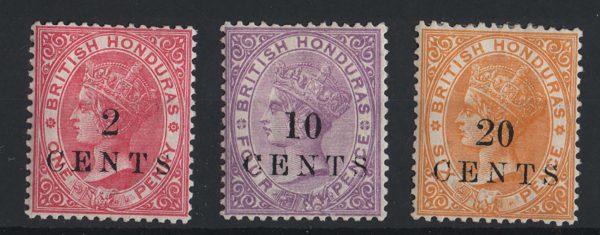 British Honduras 1888 2c on 1d rose, 10c on 4d mauve & 20c on 6d yellow perf 14 vf mint sg27-9 c£124