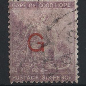 Griqualand West 1877 6d ovpt large G type 6 in red sg8f vgu c£100