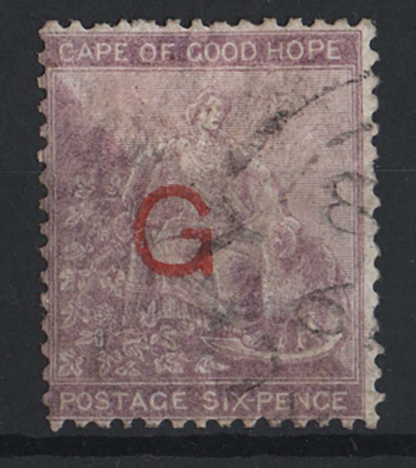 Griqualand West 1877 6d ovpt large G type 6 in red sg8f vgu c£100