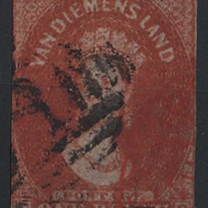 Tasmania 1856 1d red-brown Pelure paper sg24 fu, 2 good margins, others close-touching c£800