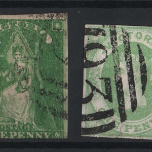 Victoria 1856 1d yellow-green vfu 3 margins and 1858 1d pale emerald imperf sg40, 64 vfu 4 margins