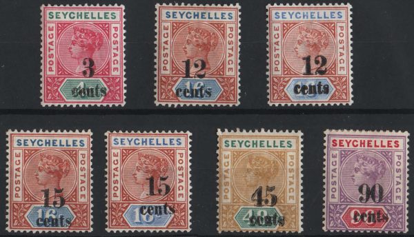 Seychelles 1893 Surcharge set of 7 sg15-21 vf mint c£180