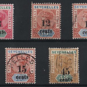 Seychelles 1893 Surcharge set of 7 sg15-21 vfu c£80