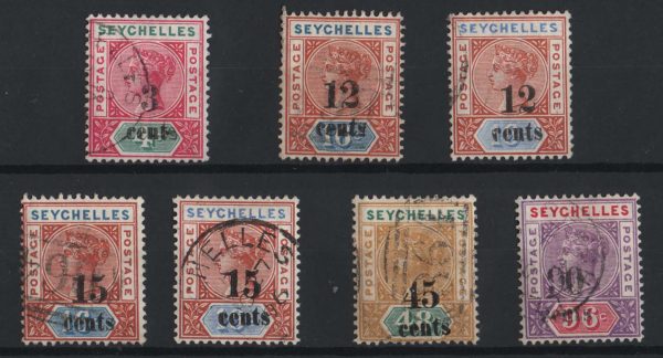 Seychelles 1893 Surcharge set of 7 sg15-21 vfu c£80
