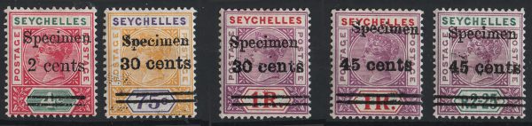 Seychelles 1902 2c on 4c - 45c on 2r25 ovpt Specimen set of 5 vf mint sg41s-45s c£130