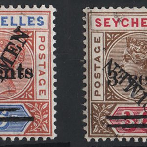 Seychelles 1901 3c on 10c - 6c on 8c ovpt Specimen set of 4 vf mint (Specimen inverted on 36c) sg37s-40s c£110