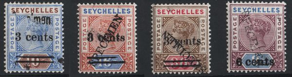 Seychelles 1901 3c on 10c - 6c on 8c ovpt Specimen set of 4 vf mint (Specimen inverted on 36c) sg37s-40s c£110