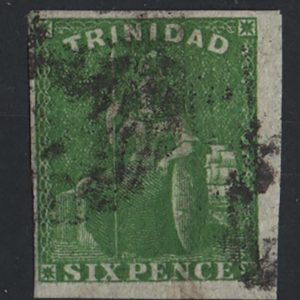 Trinidad 1859 6d deep green imperf sg28 vgu, 4 margins, 3 being good-large c£550