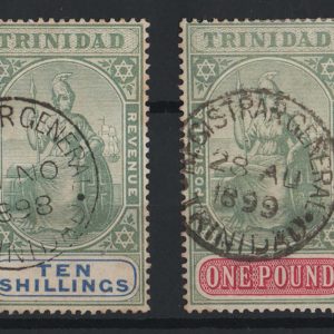 Trinidad 1896 Wmk CA 10s, £1 vfu Registrar General cds sg123-4 c£900 as postal used