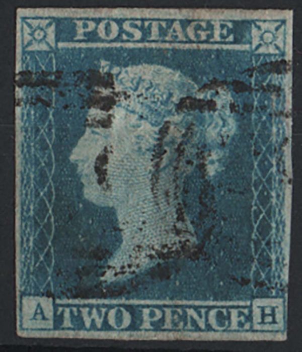 GB 1841 2d pale blue fu 4 margins, v close one point