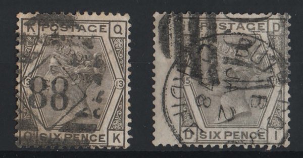 GB 1873 6d deep grey plate 13, grey plate 15 vgu sg146-7 c£300