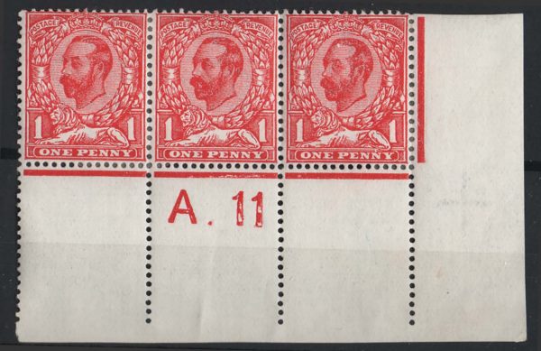 GB 1911 1d die 1b sg329 Somerset House A.11 corner strip of 3 perf type 2A f mint showing full comb depth c£70