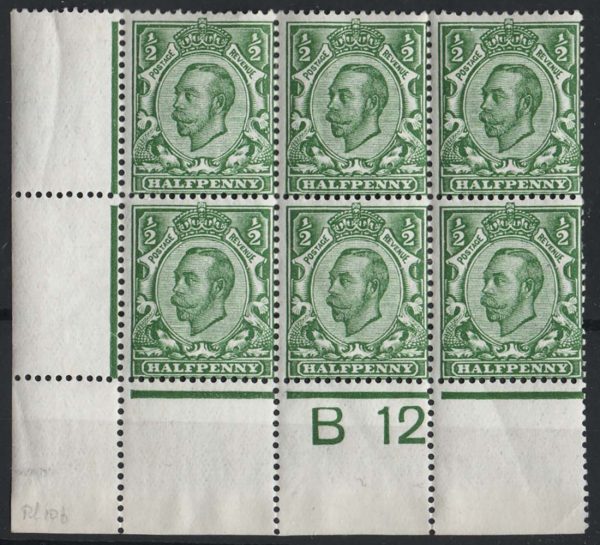 GB 1911 ½d die 2 green wmk crown sg339 B12(c) corner blk of 6 f mint (4x um) perf type 2A c£75+ as singles