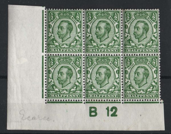 GB 1911 ½d die 2 deep green wmk crown sg338 B12(c) corner blk of 6 um perf type 2 plate 10b c£168 as singles