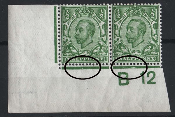 GB 1911 ½d die 2 yellow-green wmk crown sg340 B12(c) plate 16 corner pair um, perf type 2