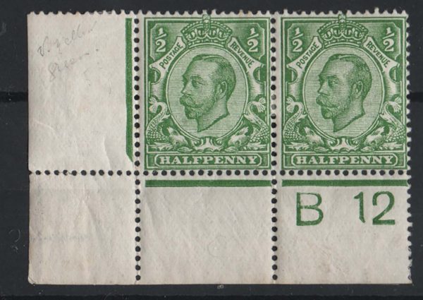 GB 1911 ½d die 2 bright yellow-green wmk crown sg340var Spec N4(7) B12(c) plate 14 corner pair f mint, perf type 2A c£80 as singles