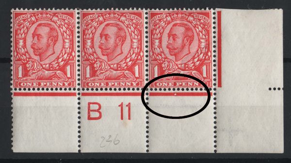 GB 1911 1d die 2 wmk crown sg341 B11 plate 8b corner strip of 3 f mint, perf type 2A c£50