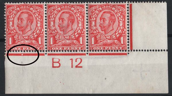GB 1911 1d die 2 wmk crown sg341 B12(c) plate 6b corner strip of 3 f mint, perf type 2 c£35