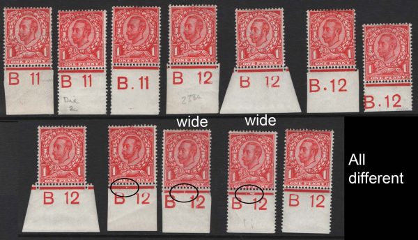 GB 1911 1d die 2 wmk crown sg341 control singles f mint: 12 different plates/letterings/perf types - study lot