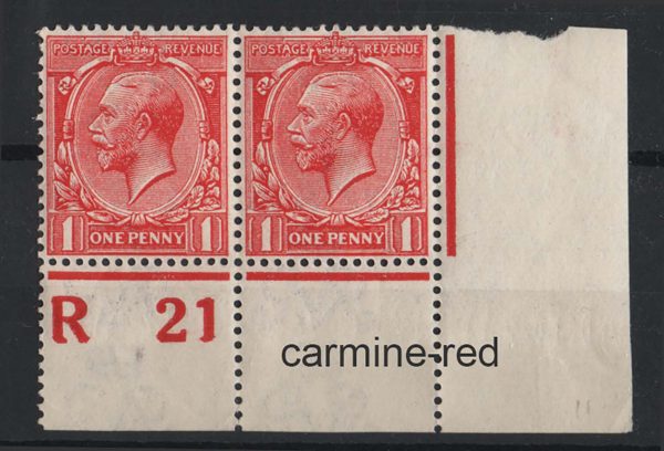 GB 1912 1d carmine-red um R21(P) corner pair sg360 c£40 as singles