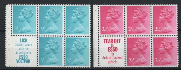 GB 1971 Machin FCP/PVA ½p 'Lick' booklet pane perf type PAP3 um good perfs, ditto OCP 2½p Tear Off perf AP