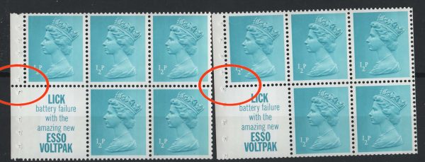 GB 1971 Machin FCP/PVA ½p 'Lick' booklet pane perf type P2s um good perfs, ditto AP2