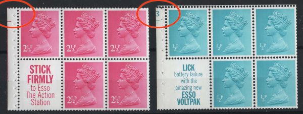 GB 1971 Machin OCP/PVA 2½p 'Stick' booklet cyl pane um goodish perfs, ditto FCP ½p Lick AP2