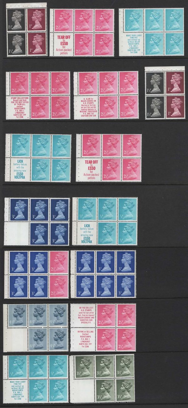 GB 1971 Machin group of 16 stitched booklet panes, various perf types um, mostly good perfs incl ½p cyl pane