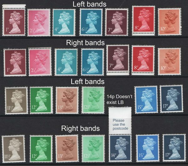 GB 1971 Machin 1p - 17p dark - all the Harrison Left Band & Right Band phosphor variants um good perfs [27] BB Stamps retail £39+