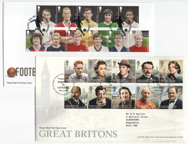 GB 2013 Great Britons and Football Heroes sets in blocks of 10, FDCs - fine
