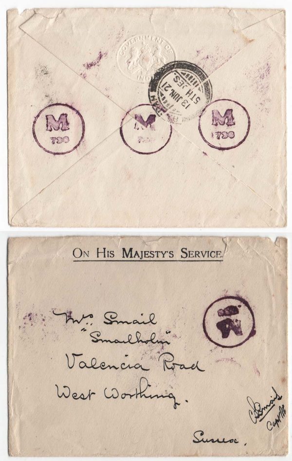 India 1921 OHMS Gov't of India embossed envelope to Sussex with 'M/730' in circle cancels