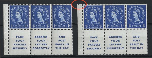 GB 1955 Edward wmk upright 1d booklet pane of 3 + 3 labels fairly good perfs, perf I, ditto Ie um F589c£37