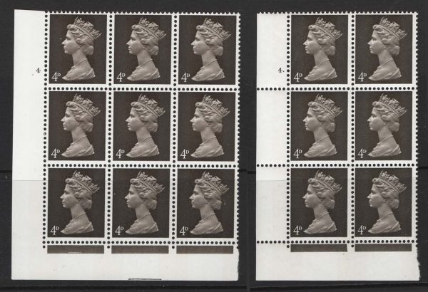 GB 1967 Machin 4d 2B GA cyl 4 and 4 dot um corner blks of 6|9 perf IE and PE (F(L))