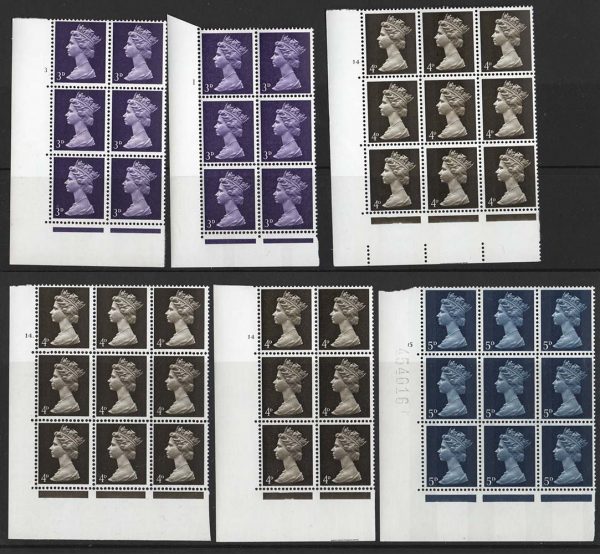 GB 1967 Machin 3d CB GA cyl 1, then PVA: 3d CB 3, 4d 2B 14, 14., 4d CB 14, 5d 15 in um corner blks of 6 or 9