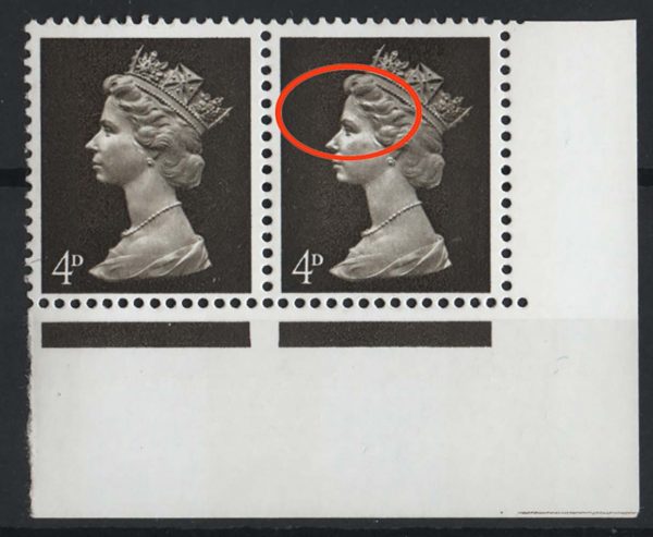 GB 1968 Machin 4d 2B PVA r20/12 white patch over eye variety um corner pair sgU12c c£20
