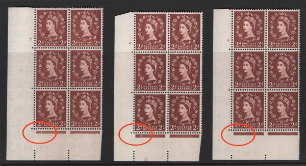 GB 1955 Edward wmk 2d light cyl 7, 8 & 9 no dot vf mint cyl blks of 6 with same white flaw in jubilee line below r20/12 c£32