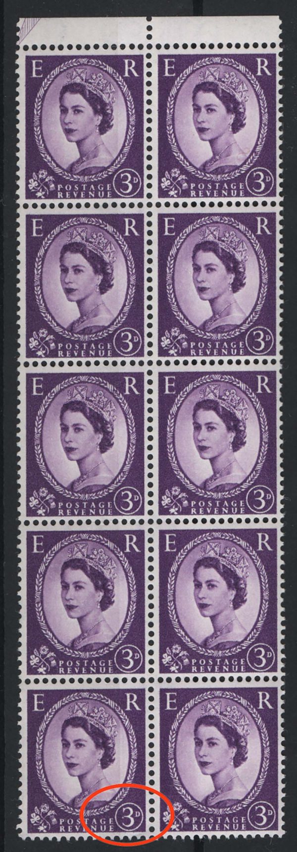 GB 1958 3d cream paper r5/7 spot by '3' variety um positional blk of 10 - unlisted SG but as good as some that are, minor bend r5/8