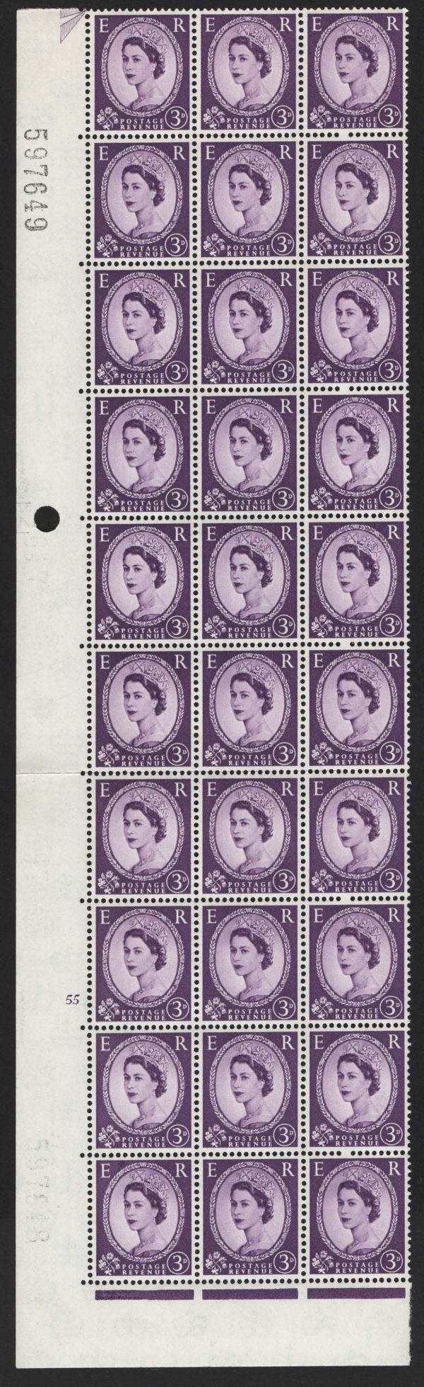 GB 1958 3d cream paper cyl 55 no dot blk of 30 um, missing perf pin variety every two rows. Serial # by row 12 & different ghost serial # row 20!