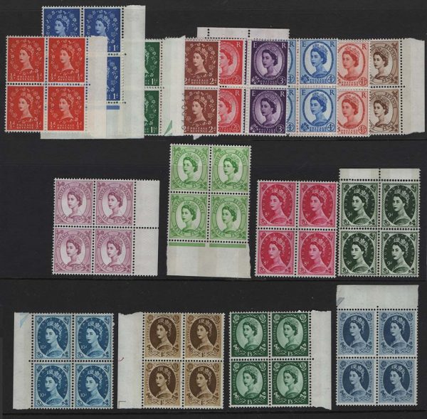 GB 1960 ½d - 1/6d phosphor set of 17 in um blks of 4