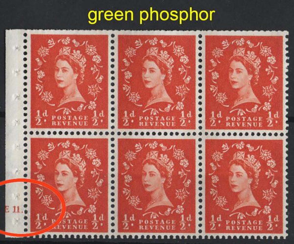 GB 1960 ½d green phosphor E11 dot booklet pane um, av perfs c£180