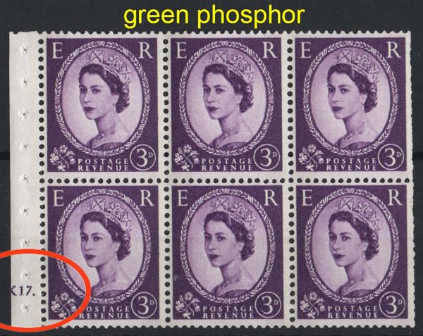 GB 1960 3d green phosphor K17 dot booklet pane um, av perfs c£120