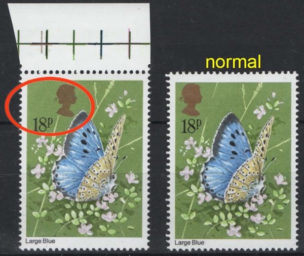 GB 1981 Butterflies 18p 5mm shift of gold head to right, it should be over the 18p um