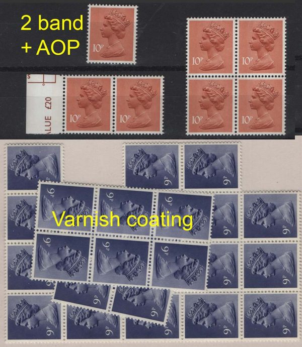 GB 1976 Machin 9p violet varnished coating x28 copies fine um also 10p 2B with strong AOP streaks x7 copies,  MCC£60+