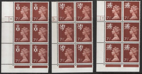 GB 1971 Regionals 7½p OCP/PVA cyl blks: N Ireland 6 no dot, Scotland 6 dot, Wales 7 dot um c£54